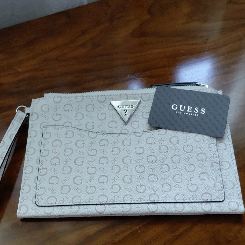 Guess Taupe Monogram Wristlet